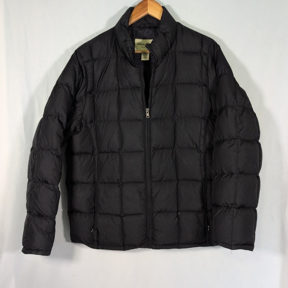 Vintage Eddie Bauer Jacket Mens L Goose Down Quilted Black Full Zip Puffer